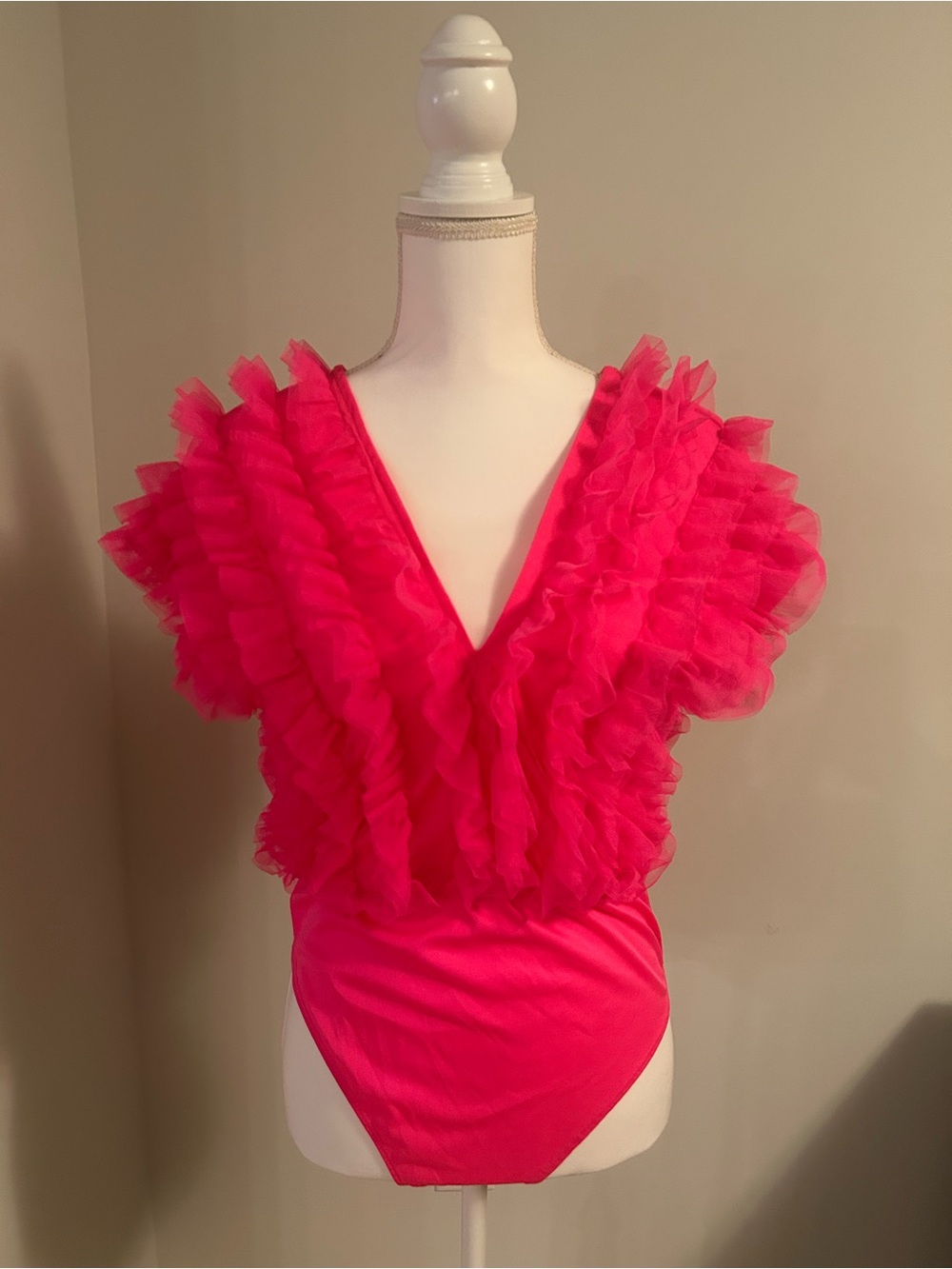 Ruffled V-Neck Hot Pink Women's Bodysuit